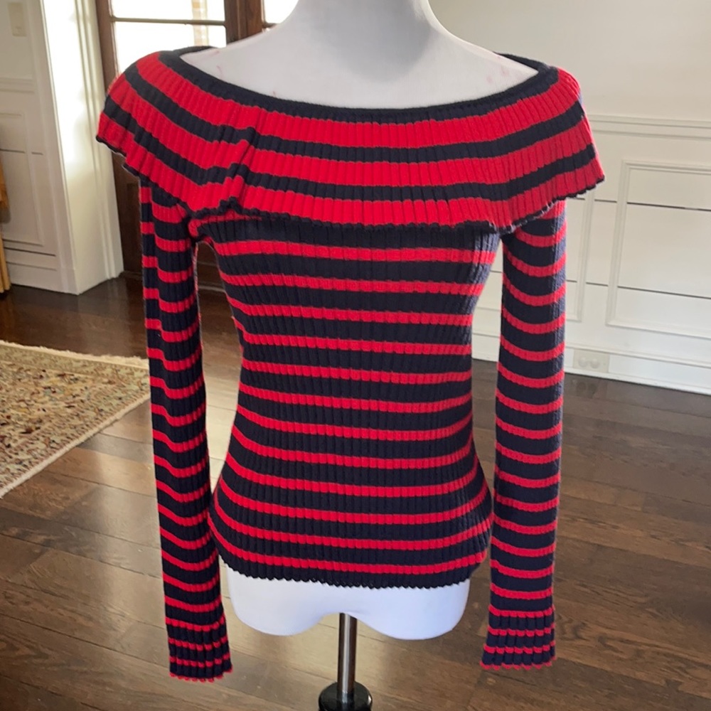 MSGM Striped Off The Shoulder Ruffle Sweater